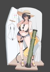 1girl absurdres bikini black_bikini black_hair breasts cable cable_tail hair_ornament hairclip highres huge_breasts hyunmoo_v_(littleboy016) littleboy_(littleboy016) long_hair low_ponytail mechanical_tail multicolored_hair open_clothes open_fly open_shorts original ponytail rocket_launcher sandals short_shorts shorts solo sunglasses swimsuit tail two-tone_hair weapon