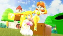 2girls 3d 3d_(artwork) ?_block armwear block blonde_hair blue_eyes bra brown_hair castle clothing clouds crown detrun duo ear_piercing earrings female female/female female_only grass green_pipe hand_on_head high_heels human human_on_human human_only kneeling legwear lesbian lesbian_sex light-skinned_female light_skin long_hair looking_at_another mammal mario_(series) mature mature_female nintendo open_mouth orange_bra orange_high_heels orange_legwear outdoors pink_bra princess princess_daisy princess_peach royalty saliva saliva_trail sitting tree voluptuous voluptuous_female white_armwear yuri