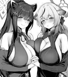 2girls alternate_costume animal_ears big_breasts blue_archive boob_window breast_press halo kokona_(blue_archive) mature_female metsu_end milf ponytail shanhaijing_secondary_school_student shun_(blue_archive) sideboob