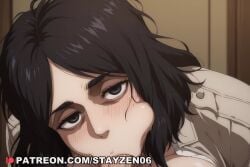 1boy 1girl :>= ai ai_art ai_generated bags_under_eyes black_eyes black_hair blush cheek_bulge close-up erection fellatio head_tilt hetero indoors jacket looking_at_viewer medium_hair oral penis pieck_finger pov pov_crotch saliva shingeki_no_kyojin short_hair solo_focus thick_eyebrows uncensored veins veiny_penis