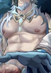 1boy abs bara bare_chest beard belucarmer biceps cock detailed erection foreskin fur fur-trimmed_coat gay genshin_impact gloved_hands gloves half-erect hoyoverse male male_focus male_only muscular muscular_male necklace old old_man old_man_yaoi older_male out_of_frame pecs pectorals pierro_(genshin_impact) reaching_out reaching_towards_viewer smirk smirking smirking_at_viewer stripping uncensored uncircumcised uncircumcised_penis upper_body upper_body_focus veiny_penis white_hair yaoi