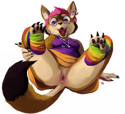 2010 anthro anus bottomless clitoris colorful ear_piercing eyewear female fox fur furry glasses leg_warmers legs_up necklace piercing purplekecleon pussy pussy_juice rainbow solo spread_legs spreading unknown_species