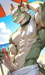 1boy abs ai_generated anthro bara buff claws cock dick dragon ears furry furry_dragon furry_male gay looking_at_viewer male male_focus muscular muscular_male nipples pectorals penis sweat tail topless_male