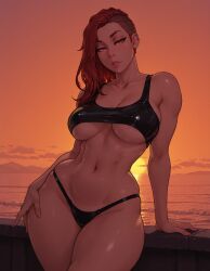 1girl 1girls ai_generated amber_eyes big_breasts bikini_bottom large_breasts latex latex_clothing redhead redhead_female sidecut skimpy skimpy_clothes solo solo_female thong thong_bikini underboob undercut vjuice wide_hips