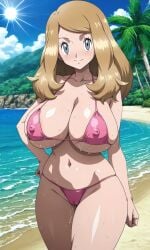 ai_generated beach big_sister bikini erect_nipples female game_freak grey_eyes honey_blonde_hair huge_breasts large_breasts long_hair micro_bikini midriff navel nintendo nipples ocean onee-chan pink_bikini pixai pokemon pokemon_xy sand sea serena_(pokemon) serena_(pokemon_games) silf smile solo swimsuit tagme