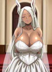 1girls ai_generated big_breasts bunny_ears curvy curvy_body curvy_female curvy_figure dark-skinned_female dark_skin gloves huge_breasts kyoru189 large_breasts long_hair mature_female milf mirko my_hero_academia rumi_usagiyama seductive seductive_pose shiny shiny_skin solo solo_female standing wedding_dress white_hair