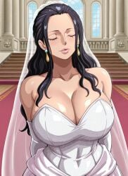 1girls ai_generated big_breasts black_hair curvy curvy_body curvy_female curvy_figure earrings gloves huge_breasts kyoru189 large_breasts light-skinned_female light_skin long_hair mature_female nico_robin one_piece seductive seductive_pose shiny shiny_skin solo solo_female standing wedding_dress