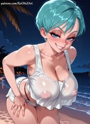 1girl 2026 ai_generated anime aqua_hair beach blue_eyes blue_hair blush boobs breasts bulma bulma_(dragon_ball) bulma_briefs cleavage collarbone covered_nipples crop_top crossover dragon_ball exposed_nipples eye_contact female female_focus flushed grin highres huge_breasts large_breasts leaning_forward looking_at_viewer night night_sky nipples no_bra nsfw outdoors palm_tree patreon rognezart see-through shiny short_hair short_shorts shorts sky smile smiling solo tank_top thick_thighs thighs wet wet_clothes