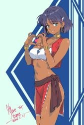1977_oj3 1girls aqua_eyes bob_cut bracelet cleavage collar dark-skinned_female fushigi_no_umi_no_nadia heart large_breasts loincloth nadia_la_arwall necklace short_hair tubetop vest