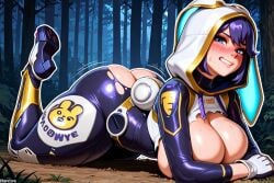 (titancore) ai_generated big_ass blue_hair blushing breasts_out bunnii_o'hare_(fortnite) bunny_hoodie curvy_figure cute_girl embarrassed exposed exposed_breasts female forest fortnite fortnite:_battle_royale girl hoodie huge_breasts on_the_ground rabbit_girl rabbit_tail shaking_ass short_hair skinsuit thick_thighs torn_clothing video_game_character