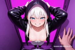 1girl absurd_res ai_assisted ai_generated black_clothing black_leggings blue_eyes devious_grin first_person_perspective flat_chest full_body hands_above_head hard_nipples hood_up indoors large_breasts looking_at_viewer lustful perfect_ass posing_for_viewer seductive simple_background standing tight_clothing twintails white_dress white_hair white_socks