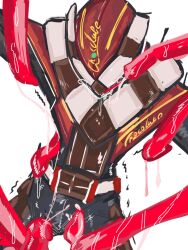 1boy ambiguous_fluids armor armored_male arms_out belt bodily_fluids bodysuit bodysuit_bulge brown_armor bulge chocolate erection erection_under_bodysuit helmet kamen_rider kamen_rider_gavv_(series) kamen_rider_valen looking_down looking_down_at_self male male_focus male_only mask masked masked_male red_tentacles restrained restrained_by_tentacles sketch slime slime_on_body solo tears tears_in_eyes tentacle tentacle_slime tentacles tentacles_on_male trembling