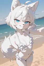 ai_generated bikini blue_eyes breasts female fluffy_tail frilled_bikini furry luna_winters underboob white_hair wolf wolf_girl wolf_tail