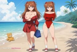 1990s_(style) 1girl ai_assisted ai_generated anime_screencap asuka_langley_sohryu bare_shoulders bashful beach bikini blue_eyes blue_sky blush blushing collarbone colorful contrast curvaceous curvy daytime detailed_face dramatic_lighting eyelashes full_breasts highly_detailed hourglass_figure large_breasts long_hair looking_at_viewer loose_bikini motion_lines naked narrow_waist neon_genesis_evangelion nipples orange_hair oversized_breasts parted_lips red_hair round_breasts sand sea short_girl shortstack shy soft_breasts soft_thighs source_anime spherical_breasts sun thick_thighs top_heavy