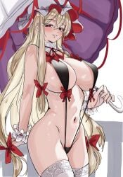 1girl 1girls belly belly_button big_breasts black_clothing black_slingshot_swimsuit black_swimsuit blonde_hair blush blush_lines bow bowtie breasts breasts_apart breasts_bigger_than_head choker cleavage frilled_hat frills hair_bow hair_on_breasts hair_ribbon half-closed_eyes hat hat_ribbon headwear holding holding_object holding_umbrella huge_breasts large_breasts light_blush long_hair long_sidelocks looking_at_viewer mob_cap momendoufu navel one-piece_swimsuit red_eyes ribbon ribbon_choker scrunchie scrunchie_on_wrist sideboob sidelocks slingshot_swimsuit smile smiley_face smiling smiling_at_viewer solo solo_female solo_focus stomach swimsuit swimwear thick_thighs thighhighs thighs touhou umbrella white_scrunchie white_thighhighs wide_hips wide_thighs yukari_yakumo