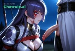 1girl absurdly_long_hair ai_assisted ai_generated alien anime_screencap blood_splatter campsite close_up detailed_background firelight flaccid_penis frowning high_quality juliet_sleeves kneeling long_sidelocks long_sleeves looking_at_penis night outside upper_body white_dress white_robe