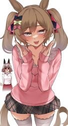 0ha 2girls black_skirt blush brown_eyes brown_hair curren_chan_(umamusume) grey_hair hands_up horse_ears horse_girl horse_tail looking_at_viewer multiple_girls open_mouth pink_shirt pink_thighhighs purple_eyes red_skirt short_hair smart_falcon_(umamusume) smile solo_focus twintails umamusume umamusume_pretty_derby white_shirt xkittyzx