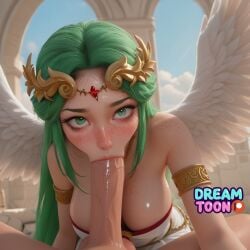 1boy 1girl ai_assisted ai_generated angel_wings animated armlet bangs bare_shoulders blue_sky blush breasts circlet cleavage cloud collarbone day dreamtoon dress erection eyelashes feathered_wings fellatio freckles gem gold green_eyes green_hair jewelry kid_icarus kid_icarus_uprising large_breasts large_penis laurel_crown lips long_hair looking_at_viewer necklace nintendo nose oral outdoors palutena penis pillar pov precum saliva sky solo_focus sound straight super_smash_bros. tagme testicles thick_lips tiara uncensored veins veiny_penis very_long_hair video white_dress white_wings wings