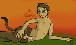 1boy 2012 balls boner boobytrapzap erection fur furry horn leg_hair male male_only nature penis pose satyr smile solo sunset uncut