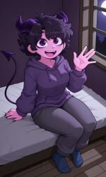 1girls 5_fingers ai_generated bedroom_background blue_socks demon_girl demon_horns demon_tail grey_pants jellybean_(mcyt) jellybean_(youtube) looking_at_viewer looking_up moonlight night_sky open_mouth pngtuber purple_eyeliner purple_eyes purple_hair purple_hoodie purple_nails purple_skin sitting_on_bed smiling smiling_at_viewer waving_at_viewer window youtuber