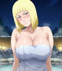 ai_generated big_breasts blushing_female hot_spring naruto_(series) samui towel_around_body wearing_towel