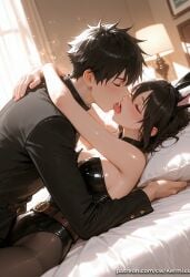 1boy 1girl ai_generated animal_ears arknights:_endfield avywenna_(arknights:_endfield) bare_shoulders bed bed_sheet bedroom belt black_hair black_leotard blush breasts closed_eyes detached_collar dutch_angle fake_animal_ears french_kiss from_side gakuran hetero hug indoors jacket kermixx kiss lamp leotard long_sleeves lying medium_breasts on_back on_bed pantyhose pillow playboy_bunny rabbit_ears saliva school_uniform shiny short_hair strapless strapless_leotard sweat tongue tongue_out window