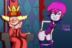 2022 2girls absurd_res adullperson ass bedroom_eyes blonde_hair blue_lipstick blush blushing breasts clothed clothing disney disney_television_animation disney_xd english english_text female female_only genitals half-closed_eyes hand_on_ass hand_on_leg hi_res hildy_gloom looking_at_another narrowed_eyes oddrich panties panties_down pink_hair pubic_hair purple_hair pussy queen_delightful smile sweat sweatdrop sweating teeth teeth_showing text the_7d vagina