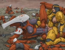 2girls aeldari alien alien_girl bare_thighs big_breasts breasts breasts_out breasts_outside defeat defeated eldar functionally_nude functionally_nude_female god-emperor_of_mankind gray_skull imperium_of_man power_armor pussy robot robot_girl rule_63 scissoring tribadism vagina warhammer_(franchise) warhammer_40k