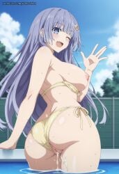 1girl ;d after_sex after_vaginal ai_generated aimisaka anus ass bikini bikini_bottom_aside bikini_pull blue_eyes blue_hair blue_sky blush breasts clothes_pull clothing_aside cloud crescent_hair_ornament cum cum_in_pussy cumdrip date_a_live day fang from_behind gold_bikini hair_ornament izayoi_miku large_breasts long_hair looking_at_viewer looking_back nipples one_eye_closed open_mouth outdoors patreon_url patreon_username pool pussy side-tie_bikini_bottom sky smile solo standing swimsuit swimsuit_aside wading water watermark waving wet yellow_bikini