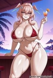 1girl 1girls ai_generated ass beach big_ass big_breasts bikini bimbo blush cameltoe cocktail contrapposto curvaceous_female curvaceous_figure curvy curvy_body erect_nipples_under_clothes fat_ass female female_focus flirting flirting_with_viewer genshin_impact hair_between_eyes head_wings heart_pupils horny hot_day huge_breasts inviting_to_sex large_ass large_breasts linnea_(genshin_impact) looking_at_viewer mature_female mihoyo milf mommy ocean outdoors palms pink_hair posing presenting presenting_self red_bikini remington34 seductive_look short_hair smile tan_lines thicc_thighs tiki_bar wet wet_hair wide_hips