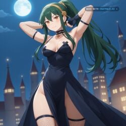 1girl ai_assisted ai_generated bare_shoulders black_dress black_gloves black_thighhighs bottomless choker cinematic_lighting cityscape cleavage collarbone crusch_karsten cute depth_of_field devious dress earrings fingerless_gloves gold_earrings green_hair hair_band hair_between_eyes hair_ornament hands_behind_head happy high_quality hourglass_figure jewelry long_hair looking_at_viewer medium_breasts moon muscle_definition night orange_eyes perfect_breasts ponytail proud rezero seductive seductive_look sexy source_anime sultry tall thighhighs toned voluptuous yor_briar_(cosplay)