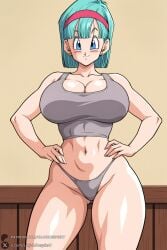 1female 1girl 1girls 2026 ai_generated aqua_hair artist_name ass_visible_through_thighs big_ass big_breasts blue_eyes breasts bulma bulma_briefs bulma_briefs_(frieza_saga) cleavage closed_mouth cowboy_shot curvy dragon_ball dragon_ball_z earrings grey_bra grey_panties grey_tank_top hairband hands_on_hips hi_res high_quality high_resolution highres huge_ass huge_breasts jewelry large_breasts looking_at_viewer midriff navel panties patreon patreon_username short_hair smile solo sports_bra thighs underwear unjobdespiert watermark web_address