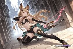 1girl ai_assisted ai_generated animal_ears anime_coloring archery arrow_(projectile) backless_outfit bare_shoulders black_shorts black_thighhighs blonde_hair bow_(weapon) bridal_gauntlets cleft_of_venus detached_sleeves detailed_vagina dynamic_angle dynamic_pose erect_nipples erune facing_viewer female_focus full_body glossy_lips gloves granblue_fantasy hair_ornament high_heels legs_spread metera_(granblue_fantasy) midriff mole_under_mouth nude outdoors shading shadows shaved_vagina short_shorts silver_eyes small_breasts solo solo_female spreading_legs thick_nipples thigh_boots tiny_breasts