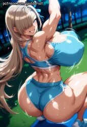 ai_generated arms_bent ass asuna_(blue_archive) bare_midriff blue_archive bokeh_background bouncing_breasts breast_bounce breast_jiggle breasts buttocks cat_ears dark_skin dynamic_pose from_behind gaddariat high_angle huge_ass huge_breasts jiggling_breasts large_breasts micro_shorts muscular navel patreon plank push-ups running_outfit running_shoes shiny_fabric skin_tight skindentation solo sports_bra sweat thick_thighs toned viewed_from_above wet_hair