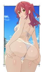 1girl :o ass ass_focus ass_support back bare_shoulders beach bikini blue_sky blush bocchi_the_rock! border breasts cloud commentary cowboy_shot cropped_legs day from_behind grabbing_own_ass hair_between_eyes halterneck hands_on_own_ass highres himahari_neru kita_ikuyo long_hair looking_at_viewer looking_back medium_breasts medium_hair one_side_up outdoors outside_border red_hair sky solo standing swimsuit thigh_gap thighs white_bikini white_border yellow_eyes