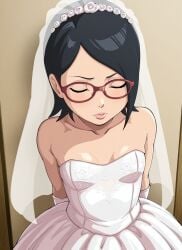 1girls ai_generated black_hair boruto:_naruto_next_generations curvy curvy_body curvy_female curvy_figure glasses gloves kyoru189 mature_female sarada_uchiha seductive seductive_pose shiny shiny_skin short_hair small_breasts solo solo_female standing wedding_dress