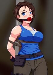 1girls arms_behind_back ball_gag blue_eyes bondage bound bound_arms brown_hair female female_only femsub fingerless_gloves fully_clothed gag gagged gloves hourglass_figure jill_valentine png puffpow rope slim_waist small_waist