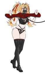 1girls black_lingerie blonde_hair claret_(zenless_zone_zero) clenched_hand collar eudetenis female female_only femsub gag gagged gagged_female hair_between_eyes hair_intakes leash leash_and_collar lingerie lingerie_only medium_breasts pillory plug_gag red_eyes red_hair red_highlights sidelocks simple_background thick_thighs thighhighs thighs twintails walking white_background wide_hips zenless_zone_zero