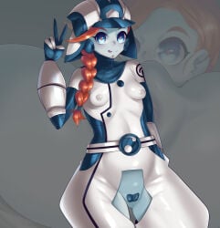 1girls :p alien alien_girl blue_body blue_eyes blue_nipples blue_pussy blue_skin blue_tongue bodysuit boots cutout female gloves hat nintendo orange_hair orange_pupils peace_sign petite petite_body pokemon pokemon_sm pokemon_usm ponytail pussy_out small_breasts smile solo standing tied_hair tongue_out ultra_recon_squad zossie_(pokemon)