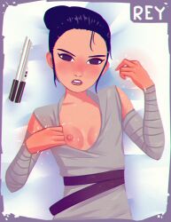 1girl animification bandaged_arm belt black_eyes black_hair blush breasts chromatic_aberration grey_border looking_at_viewer luster lying nipples on_back one_breast_out parted_lips rey_(star_wars) single_hair_bun small_breasts solo star_wars teeth the_force_awakens upper_body