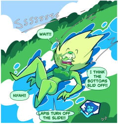 2girls action_pose blightstar blue_body blue_hair blush bottomless convenient_censoring dialogue english_text gem_(species) gem_on_forehead green_body lapis_lazuli_(steven_universe) nipple_bulge open_mouth peridot_(steven_universe) slide smile speech_bubble steven_universe tagme thumbs_up tongue visor water_slide yellow_hair