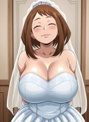 1girls ai_generated big_breasts brown_hair curvy curvy_body curvy_female curvy_figure gloves huge_breasts kyoru189 large_breasts light-skinned_female light_skin mature_female my_hero_academia ochako_uraraka seductive seductive_pose shiny shiny_skin solo solo_female standing wedding_dress
