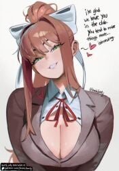 artist_signature big_booty big_breasts big_cleavage breasts brown_hair brown_shirt buttoned_shirt cleavage doki_doki_literature_club green_eyes hair_bow hair_bun hair_ornament hair_ribbon head_tilt heart heart_symbol hi_res honkibooty huge_breasts long_hair looking_at_viewer monika_(doki_doki_literature_club) open_clothes open_clothing open_shirt patreon_logo patreon_username red_ribbon school_uniform schoolgirl simple_background smile smiling smiling_at_viewer smug smug_expression smug_face smug_smile squint squinted_eyes squinting text white_background