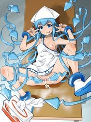 :p after_sex blue_eyes blue_hair blush bracelet censored cum cum_inside cumdrip double_v dress hat ikamusume jewelry long_hair lying no_panties on_back pussy shinryaku!_ikamusume solo spread_legs spread_pussy suesan table tentacle tentacle_hair tissue tissue_box tongue upskirt v