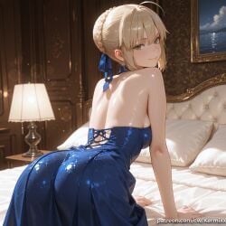 1girl ahoge ai_generated all_fours arm_support artoria_pendragon ass back backless_outfit bangs bare_arms bare_shoulders bed bed_sheet bedroom blonde_hair blue_dress blue_ribbon blurry blush braid braided_bun breasts closed_mouth dress fate/grand_order fate/stay_night fate_(series) french_braid from_behind green_eyes hair_bun hair_ribbon indoors kermixx lamp looking_at_viewer looking_back medium_breasts night on_bed painting_(object) pillow ribbon shiny shiny_clothes shoulder_blades sidelocks single_hair_bun smile solo