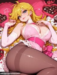 1girl ai_generated arlequin097 artist_name ass bare_shoulders blonde_hair blue_eyes blush box breasts brown_pantyhose candy chocolate choker cleavage detached_sleeves dress earrings food heart heart-shaped_box heart-shaped_chocolate heart-shaped_pillow jewelry large_breasts lips long_hair looking_at_viewer lying on_back panty_&_stocking_with_garterbelt panty_anarchy pantyhose patreon_username pillow pink_dress pink_nails smile solo sphere_earrings thighband_pantyhose thighs valentine
