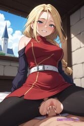 1_girl 1girl ai_assisted ai_generated bare_shoulders black_pantyhose blonde_hair blue_dress blue_eyes castle castlevania cowboy_shot hair_over_shoulder long_hair long_skirt long_sleeves looking_at_viewer low_angle_view makeup mouth_wide_open outdoors red_dress shy single_braid sky smile source_anime sweater vaginal_sex white_belt