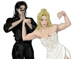 1boy 1girl blonde_female blonde_hair choso_kamo female flexible_female flexing flexing_bicep funny impressed jujutsu_kaisen light_skin male male/female meme muscle_mommy straight wedding wedding_attire wedding_dress yuki_tsukumo