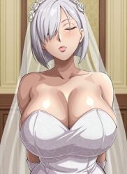1girls ai_generated big_breasts curvy curvy_body curvy_female curvy_figure fiona_frost gloves huge_breasts kyoru189 large_breasts light-skinned_female light_skin mature_female seductive seductive_pose shiny shiny_skin short_hair solo solo_female spy_x_family standing wedding_dress white_hair