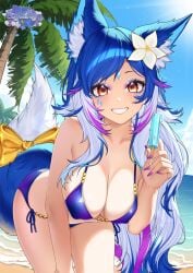 big_breasts bikini blue_hair german_vtuber indie_virtual_youtuber lewdtuber long_hair nipples_visible_through_clothing two-tone_hair virtual_youtuber vtuber white_hair wolf_ears wolf_girl wolf_tail